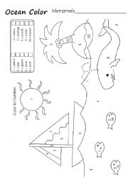 English Worksheet: color the ocean by numbers