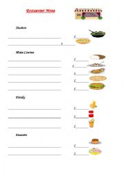 English Worksheet: Restaurant Menu