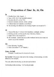 English Worksheet: In At On for Place and Time, grammar and activities
