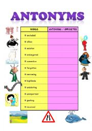 Antonyms Or Opposites (B/W & Answer key Included)