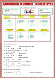 English Worksheet: GRAMMAR - ADJECTIVES + PREPOSITIONS