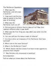 English Worksheet: Building of the Parthenon Questions and Answers