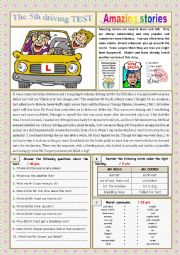 English Worksheet: AMAZING STORIES The driving TEST ! (Easy Reader + Voca and Ex + KEY)  9/