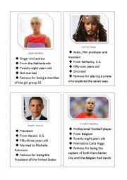English Worksheet: celebrity facts cue cards