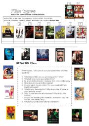 English Worksheet: Films: types of films, speaking exercise + writing a review (useful language+task)