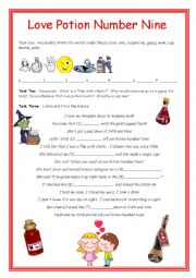 English Worksheet: Love Potion Number 9 Song for Valentines Day