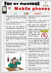 English Worksheet: For or against MOBILE PHONES (Debating)