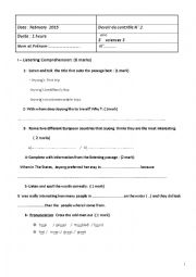 English Worksheet: 3rd form test n2   Tunisian curriculum