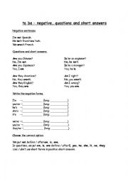 English Worksheet: to be - negative, questions and short answers