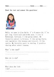 English Worksheet: READING AND WRITING ABOUR PERSONAL INFORMATION