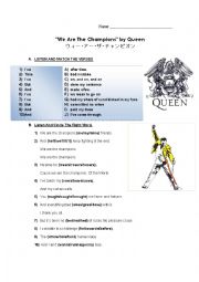 English Worksheet: Queen We are the Champions Listening Challenge