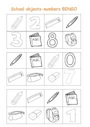 English Worksheet: School objects/numbers BINGO