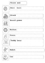 English Worksheet: toys- tracing and writing activity