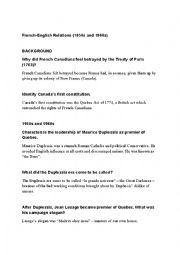 English Worksheet: English/French Relations Canadian History Summar