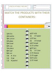 English Worksheet: UNCOUNTABLE NOUNS AND THEIR CONTAINERS
