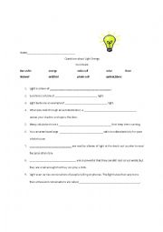 English Worksheet: Light Energy Worksheet