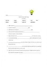 English Worksheet: Light Energy Worksheet