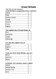 English Worksheet: Great Britain Quiz