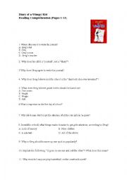 English Worksheet: Diary of a Wimpy Kid. Reading comprehension questions, pages 1-13