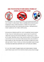 English Worksheet: Against or in favour of using mobile phones at scool