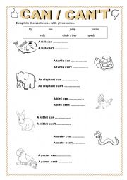 English Worksheet: Ability- CAN/CANT