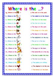 English Worksheet: Where is the animal?