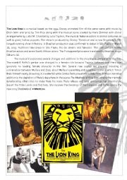 English Worksheet: The Lion King Reading Bet - Text + Answer Key (I)