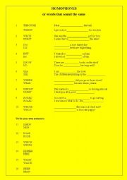 English Worksheet: Homophones