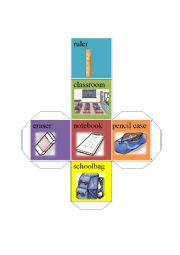 English Worksheet: classroom stationary dice-ruler classroom notebook schoolbag pencil case eraser
