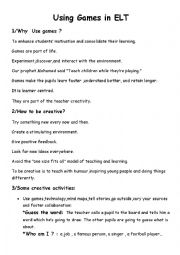 English Worksheet: using games in teaching