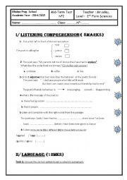 English Worksheet: mid term test n2  2nd science