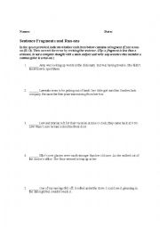 English Worksheet: Sentence Fragments and Run-ons