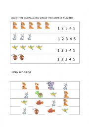 English Worksheet: Animals Count and circle the numbers