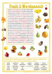 English Worksheet: Fruit 3 Word Search + Key