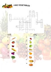 English Worksheet: FRUITS AND VEGETABLES CROSSWORD