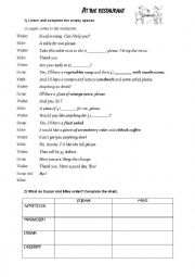 English Worksheet: AT THE RESTAURANT