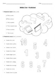 English Worksheet: First Term Test (colours, numbers, book characters, school objects)