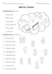 First Term Test (colours, numbers, book characters, school objects)