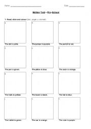 English Worksheet: Second Term Test (colours, numbers, animals, school objects, toys, clothes)