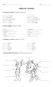 English Worksheet: Third Term Test (numbers, colours, school objects, toys, clothes, body parts, animals, a/an, big-small)