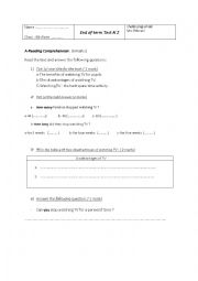 English Worksheet: End -term test 2  ( 8th form )