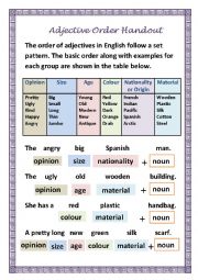 English Worksheet: Adjective Order Handout