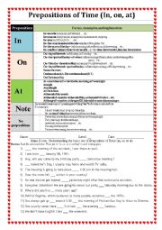 English Worksheet: Prepositions of Time (in on at)