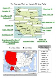 English Worksheet: Map of the American Western States and its main National Parks