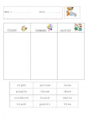 English Worksheet: Colors,numbers and classroom objects, cut and paste activity sheet
