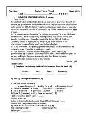 English Worksheet: end of term test 2 8th form