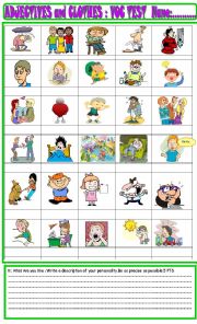 English Worksheet: Personality adjectives/ clothes basic vocabulary test