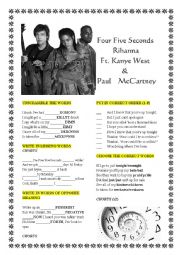 English Worksheet: Rihanna, Kanye and Paul McCartney FourFiveSeconds 