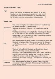 English Worksheet: Writing a Narrative Essay: ( Outline form + Sample short essay ) 