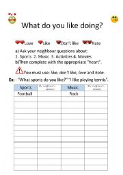 English Worksheet: What do you like doing?